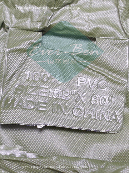 Green rain capes rainwear supplier label